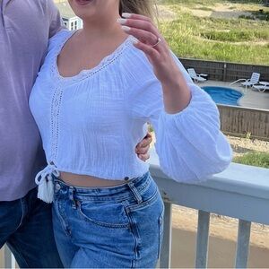 Roxy White Crochet-Trim Crop Top